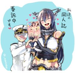 Rule 34 | 10s, 1boy, 1girl, ad, admiral (kancolle), bandages, elbow gloves, closed eyes, fingerless gloves, gloves, headgear, heart, heart hands, heart hands duo, holding, kantai collection, long hair, manga (object), nagato (kancolle), norinco, pornography, smile