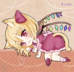 Rule 34 | 1girl, :3, all fours, animal ears, blonde hair, bow, cat ears, cat tail, chibi, eyebrows, flandre scarlet, frilled skirt, frills, full body, hair bow, ichinose aki, kemonomimi mode, looking back, lowres, orange background, paw pose, pink legwear, puffy short sleeves, puffy sleeves, red bow, red eyes, red footwear, red skirt, red vest, shoes, short sleeves, single wrist cuff, skirt, smile, solo, tail, touhou, twitter username, vest, white bow, wings, wrist cuffs