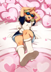 Rule 34 | 1boy, apron, bed, blonde hair, crossdressing, dress, dylan keith, feet, foot focus, foreshortening, full body, glasses, heart, highres, inazuma eleven, inazuma eleven (series), lying, male focus, on back, on bed, open mouth, panties, petticoat, pillow, riko (k riko), socks, soles, solo, striped clothes, striped panties, sunglasses, trap, underwear, upskirt