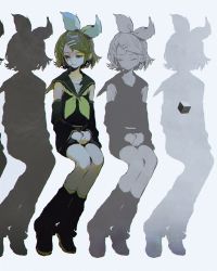 Rule 34 | 1girl, blonde hair, blue eyes, cube, detached sleeves, closed eyes, grey background, headset, highres, kagamine rin, looking down, mawarusanso, multiple views, own hands together, short hair, silhouette, sitting, vocaloid