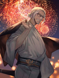Rule 34 | 1boy, ;d, arurandeisu, facial hair, fireworks, glasses, goatee, green eyes, grey hair, grin, highres, holostars, japanese clothes, kimono, lack, male focus, night, one eye closed, open mouth, sash, sky, smile, solo, standing, virtual youtuber, wide sleeves