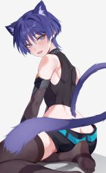 Rule 34 | 1boy, absurdres, animal ears, ass, black shirt, black shorts, black sleeves, blue eyes, blush, brown thighhighs, cat boy, cat ears, cat tail, chobonu, genshin impact, hair between eyes, highres, looking at viewer, male focus, open mouth, purple hair, purple tail, scaramouche (genshin impact), shirt, short hair, shorts, smile, solo, tail, thighhighs