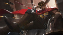 Rule 34 | barrel, beard, boots, brown footwear, brown gloves, brown hair, brown hat, bullet, cape, cassidy (overwatch), cigar, day, facial hair, gloves, gun, hat, highres, holster, lens flare, male focus, motion blur, mouth hold, outdoors, overwatch, overwatch 1, red cape, smoking, solo, spurs, stan., weapon