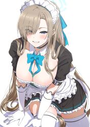 Rule 34 | 1girl, absurdres, aqua bow, aqua bowtie, asuna (blue archive), blue archive, blush, bow, bowtie, breasts, cleavage, detached collar, dress, gloves, halo, highres, large breasts, light brown hair, long hair, looking at viewer, maid, maid headdress, misaki nonaka, mole, mole on breast, petticoat, pinafore dress, simple background, sleeveless dress, smile, solo, straight hair, thighhighs, very long hair, white background, white dress, white gloves, white thighhighs