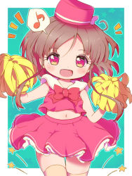 Rule 34 | 1girl, :d, alternate costume, alternate headwear, aqua background, arms up, bare arms, blush, bow, bowtie, brown hair, cheerleader, commentary request, cowboy shot, eighth note, head tilt, looking at viewer, midriff, musical note, navel, nishida satono, open mouth, parted bangs, petticoat, pillbox hat, pink eyes, pink shirt, pink skirt, pom pom (cheerleading), red bow, red bowtie, rekishitai hoonoji, shirt, short hair, sidelocks, skirt, sleeveless, sleeveless shirt, smile, solo, speech bubble, spoken musical note, star (symbol), starry background, thigh gap, thighhighs, touhou, yellow thighhighs