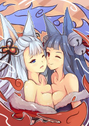 Rule 34 | 2girls, ;), ;o, animal ears, bare shoulders, bell, blue eyes, blue hair, blush, breast press, breasts, cheek-to-cheek, cleavage, closed mouth, collarbone, couple, dunceneygak, erune, fang, fang out, female focus, from side, granblue fantasy, hair bell, hair ornament, heads together, jingle bell, large breasts, long hair, moaning, multiple girls, neck, off shoulder, one eye closed, open mouth, outline, red eyes, silver hair, sketch, slit pupils, smile, societte (granblue fantasy), symmetrical docking, upper body, wince, wink, yuel (granblue fantasy), yuri