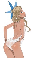 Rule 34 | 10s, 1girl, adjusting clothes, adjusting swimsuit, ass, backless outfit, bad id, bad twitter id, bare back, blonde hair, blue eyes, blush, clothes pull, dark-skinned female, dark skin, granblue fantasy, hair ribbon, io (granblue fantasy), looking at viewer, looking back, one-piece swimsuit, one-piece swimsuit pull, ribbon, rkrk, see-through, solo, swimsuit, tight clothes, twintails, wavy mouth, wedgie, white background