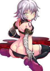 Rule 34 | 1girl, absurdres, arm belt, ass, bandaged arm, bandages, black panties, black thighhighs, butt crack, dimples of venus, fate/apocrypha, fate/grand order, fate (series), from behind, green eyes, highres, jack the ripper (fate/apocrypha), looking at viewer, looking back, lowleg, lowleg panties, mioshi (vixis340), panties, scar, scar across eye, scar on face, short hair, shoulder tattoo, sitting, solo, tattoo, thighhighs, underwear, white hair