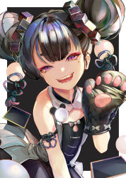 Rule 34 | 1girl, animal hands, bare shoulders, black hair, cleavage cutout, clothing cutout, double bun, flat chest, gloves, hair bun, hand up, looking at viewer, mittens, mole, mole under eye, open mouth, original, paw gloves, purple eyes, sharp teeth, smile, solo, teeth, tocope, upper body
