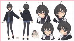 Rule 34 | + +, 1girl, 3d, ahoge, arm at side, artist request, black footwear, black hair, black hoodie, black pants, black shirt, blender (medium), blue shorts, border, bright pupils, brown eyes, character sheet, closed mouth, dotted background, expressions, from behind, frown, full body, glasses, hand up, highres, hood, hood down, hoodie, jewelry, long sleeves, looking at viewer, multiple views, necklace, open clothes, open hoodie, outstretched arm, pants, parted lips, pink border, portrait, rin (rinrinne), rinrinne, shirt, shoes, short hair, shorts, simple background, smile, sneakers, split mouth, standing, turnaround, turtleneck, virtual youtuber, white background, white pupils