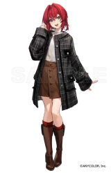 1girl ange_katrina black_coat blue_eyes boots brown_footwear brown_skirt clenched_hand coat crossed_bangs full_body gradient_eyes hair_intakes kawaguchi_(mojacome) knee_boots long_sleeves looking_at_viewer multicolored_eyes nijisanji official_art open_mouth plaid_clothes plaid_coat red_hair red_socks sample_watermark short_hair simple_background skirt sleeve_cuffs sleeves_past_wrists socks solo standing sweater sweater_tucked_in tachi-e teeth turtleneck turtleneck_sweater upper_teeth_only virtual_youtuber watermark white_background white_sweater