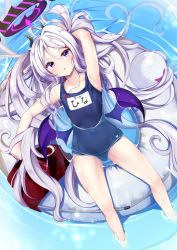 Rule 34 | 1girl, afloat, ahoge, arm up, armpits, blue archive, blurry, collarbone, commentary request, demon horns, demon wings, depth of field, from above, hair between eyes, hair ornament, hairclip, halo, highres, hina (blue archive), hina (swimsuit) (blue archive), horns, in water, irohara, lifebuoy, long hair, looking at viewer, looking up, lying, name tag, ocean, old school swimsuit, parted lips, purple eyes, school swimsuit, sidelocks, solo, swim ring, swimsuit, water drop, whistle, whistle around neck, white hair, wings