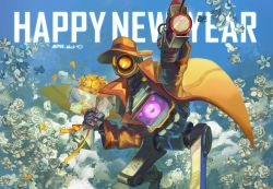 Rule 34 | 1boy, absurdres, apex legends, bouquet, brown hat, brown jacket, clothed robot, fedora, flower, gun, happy new year, hat, heart, highres, holding, holding bouquet, holding gun, holding weapon, humanoid robot, jacket, korean commentary, memoir noir pathfinder, new year, no humans, orange eyes, pathfinder (apex legends), robot, rose, science fiction, small dduck, solo, twitter username, weapon, white flower, white rose, yellow flower, yellow rose