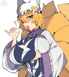 Rule 34 | 1girl, ?, animal ears, blonde hair, blue tabard, blush, breasts, commentary, dress, english commentary, eyelashes, fellatio gesture, fox ears, fox girl, fox tail, frills, grabbing own breast, hair between eyes, hand up, hat, highres, huge breasts, long sleeves, looking at viewer, mob cap, multiple tails, oniyanna, open mouth, outline, pinky out, short hair, simple background, solo, tabard, tail, teeth, tongue, tongue out, touhou, upper body, upper teeth only, white background, white dress, white outline, wide sleeves, yakumo ran, yellow eyes