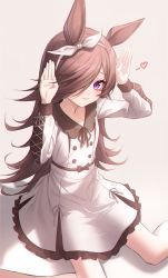 Rule 34 | 1girl, absurdres, animal ears, blush, brown hair, buttons, closed mouth, collar, collared dress, dress, frilled collar, frills, grey background, hair over one eye, hairband, heart, highres, horse ears, horse girl, long hair, long sleeves, loyo, purple eyes, rice shower (umamusume), shadow, shirt, simple background, solo, umamusume, white hairband, white shirt