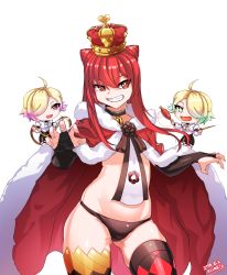 Rule 34 | 3girls, cape, closers, collar, crown, dogra (closers), evil grin, evil smile, grin, highres, magra (closers), multiple girls, red eyes, red hair, seth (closers), sharp teeth, smile, teeth, thighhighs