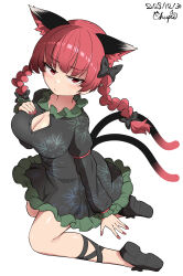 Rule 34 | 1girl, absurdres, animal ears, black bow, black dress, black footwear, bow, braid, breasts, cat ears, cat girl, cat tail, chups, cleavage, closed mouth, dated, dress, extra ears, full body, green dress, hair bow, half-closed eyes, hand on own chest, highres, kaenbyou rin, large breasts, multiple tails, nekomata, red eyes, red hair, red nails, side braids, signature, simple background, solo, tail, touhou, twin braids, two tails, white background