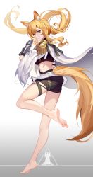 Rule 34 | 1girl, absurdres, animal ear fluff, animal ears, arknights, ass, bare legs, barefoot, black shirt, black shorts, blonde hair, cape, commentary request, crop top, floating hair, gradient background, grey background, highres, long hair, long sleeves, looking at viewer, midriff, mr.shizi, nearl (arknights), nearl the radiant knight (arknights), partial commentary, rhodes island logo (arknights), shirt, short shorts, shorts, solo, tail, thighs, vambraces, white background, white cape, wide sleeves, yellow eyes