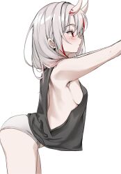 Rule 34 | 1girl, absurdres, ass, bare arms, bent over, black shirt, blush, breasts, cowboy shot, from side, grey hair, highres, hololive, horns, long hair, looking afar, looking ahead, medium breasts, multicolored hair, nakiri ayame, no pants, panties, profile, red eyes, red hair, scarlet (wv0102), shirt, sideboob, simple background, skin-covered horns, sleeveless, sleeveless shirt, solo, streaked hair, underwear, virtual youtuber, white background, white panties