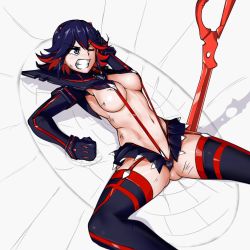 Rule 34 | 10s, 1girl, aegis (nerocc), black hair, blue eyes, blush, boots, breasts, clenched teeth, elbow gloves, gloves, ground shatter, horns, kill la kill, large breasts, matoi ryuuko, microskirt, multicolored hair, one eye closed, red hair, revealing clothes, scissor blade (kill la kill), senketsu, short hair, skirt, solo, suspenders, sword, symbol-shaped pupils, teeth, thigh boots, thighhighs, two-tone hair, underboob, weapon, wince, wink