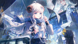 Rule 34 | 1girl, :d, absurdres, ahoge, black nails, blue eyes, blue neckerchief, blurry, blurry background, blurry foreground, bow, city, collar, collared shirt, commentary request, cowboy shot, dated, depth of field, fur trim, hair bow, highres, holding, holding umbrella, horns, long hair, maccha (mochancc), magnet (vocaloid), microphone, nail polish, neckerchief, night, open mouth, original, parted lips, plaid, plaid scarf, pleated skirt, railing, rain, red eyes, sailor collar, scarf, school uniform, see-through, serafuku, sheep horns, shirt, skirt, smile, solo focus, standing, umbrella, vocaloid, white hair, white shirt