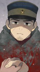 Rule 34 | 1boy, absurdres, black eyes, black hair, buzz cut, closed mouth, collar, commentary request, facial hair, fingernails, golden kamuy, grey background, handshake, hat, highres, imperial japanese army, kepi, looking at viewer, ma kns, male focus, military, military hat, military uniform, shaded face, shadow, short hair, simple background, solo focus, star (sky), tsukishima hajime, uniform, upper body, very short hair