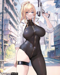 Rule 34 | 1girl, ai-assisted, alternate costume, aztodio, black bodysuit, blonde hair, blue eyes, bodysuit, breasts, closed mouth, commentary, covered navel, english commentary, gun, hand up, holding, holding gun, holding weapon, jacket, large breasts, long hair, long sleeves, looking at viewer, metroid, mole, mole under mouth, nintendo, open clothes, open jacket, outdoors, ponytail, samus aran, solo, standing, thigh strap, thighs, weapon, white jacket, zipper