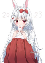 Rule 34 | 1girl, 2023, animal ear fluff, animal ears, anz32, bow, chinese zodiac, commentary request, covered mouth, feet out of frame, hair between eyes, hair bow, hakama, hakama skirt, holding, japanese clothes, kimono, knees up, long hair, long sleeves, looking at viewer, miko, omikuji, original, rabbit ears, red bow, red eyes, red hakama, skirt, solo, squatting, twitter username, very long hair, white bow, white hair, white kimono, wide sleeves, year of the rabbit