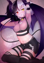 Rule 34 | 1girl, :p, arm up, armpits, banned artist, black gloves, black hair, black nails, black shorts, brown shirt, closed mouth, commentary request, covered erect nipples, crop top, demon girl, demon horns, demon tail, demon wings, feet out of frame, fingerless gloves, fishnets, gloves, hand up, heterochromia, highres, horns, lying, midriff, multicolored hair, nail polish, navel, on floor, on side, original, over-kneehighs, purple wings, red eyes, sana hamada, shirt, short shorts, short sleeves, shorts, silver hair, single over-kneehigh, single thighhigh, smile, solo, tail, thighhighs, tongue, tongue out, two-tone hair, wings, wooden floor, yellow eyes