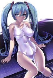 Rule 34 | 1girl, absurdres, breasts, corrupted metadata, green eyes, green hair, hair ornament, hakaba (dairiseki), hatsune miku, highres, long hair, looking at viewer, matching hair/eyes, aged up, one-piece swimsuit, sitting, smile, solo, swimsuit, twintails, vocaloid, white one-piece swimsuit