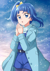 Rule 34 | 1girl, blue coat, blue eyes, blue hair, blue overalls, blue pantyhose, blue sweater, bow, coat, commentary, cowboy shot, cut bangs, dated, hair bow, hanzou, highres, hirogaru sky! precure, lens flare, long sleeves, looking at viewer, medium hair, night, open clothes, open coat, open mouth, outdoors, overall shorts, overalls, own hands together, pantyhose, precure, side ponytail, single sidelock, snowing, solo, sora harewataru, standing, sweater, twitter username, yellow bow
