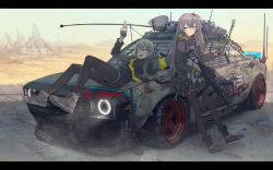 Rule 34 | 2girls, antennae, armband, bag, black legwear, blush, boots, bottle, brown hair, buckle, car, character name, closed mouth, commentary, cross-laced footwear, desert, fingerless gloves, girls&#039; frontline, gloves, grey hair, gun, h&amp;k ump, hair between eyes, hair ornament, headlight, heckler &amp; koch, highres, holding, holding bottle, holding gun, holding walkie-talkie, holding weapon, jacket, lace-up boots, ladic, leaning against vehicle, legs up, letterboxed, light particles, long hair, long sleeves, looking at another, looking at viewer, lying, magazine (weapon), motor vehicle, multiple girls, nissan, nissan s14 silvia, nissan silvia, nissan silvia s14, on back, on vehicle, one eye closed, one side up, open clothes, open mouth, outdoors, pantyhose, pleated skirt, pouch, road, scar, scar across eye, scar on face, scenery, scope, shoes, sidelocks, skirt, smile, star-shaped pupils, star (symbol), strap, submachine gun, symbol-shaped pupils, trigger discipline, twintails, ump40 (girls&#039; frontline), ump45 (girls&#039; frontline), vehicle, vehicle focus, walkie-talkie, weapon, yellow eyes