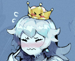 Rule 34 | &gt; &lt;, 1girl, blue background, blue hair, blush, closed eyes, closed mouth, crown, facing viewer, flying sweatdrops, hand up, idk-kun, index finger raised, long hair, luigi&#039;s mansion, mario (series), new super mario bros. u deluxe, nintendo, pale skin, portrait, princess king boo, solo, super crown, wavy mouth
