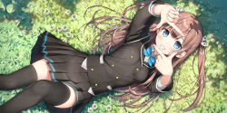 Rule 34 | 1girl, black jacket, black skirt, blue bow, blue bowtie, blue eyes, blush, bow, bowtie, brown hair, collared shirt, feet out of frame, finger frame, flower, grass, grin, heart ribbon, highres, jacket, kantoku, long hair, long sleeves, looking at viewer, lying, nature, on back, original, outdoors, pleated skirt, school uniform, shirt, sidelocks, skirt, smile, solo, sunlight, thighhighs, two side up, zettai ryouiki