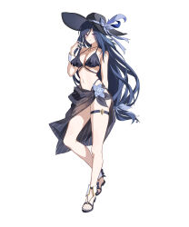 Rule 34 | 1girl, absurdres, bare arms, bare legs, bare shoulders, bikini, black bikini, black hat, blue hair, clorinde (genshin impact), commentary, full body, genshin impact, hand up, hat, highres, long hair, looking at viewer, low-tied long hair, nail polish, navel, purple eyes, sandals, sarong, simple background, sirina, solo, standing, stomach, sun hat, swimsuit, thigh strap, thighs, toenail polish, toenails, very long hair, white background, wrist cuffs