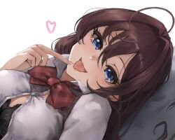 Rule 34 | 1girl, absurdres, ahoge, blue eyes, blush, bow, bowtie, breasts, brown hair, hair between eyes, highres, ichinose shiki, idolmaster, idolmaster cinderella girls, lamp p9, long hair, looking at viewer, lying, medium breasts, open mouth, partially unbuttoned, pointing, shirt, simple background, smile, solo, tongue, tongue out, unbuttoned, unbuttoned shirt, wavy hair