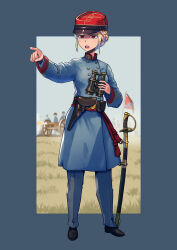 1girl absurdres american_civil_war binoculars blue_coat blue_pants boots cannon coat commission confederate_flag erica_(naze1940) grass hat highres holding holding_binoculars holster long_sleeves military military_hat military_uniform open_mouth original outdoors pants pointing red_eyes saber_(weapon) solo standing sword weapon