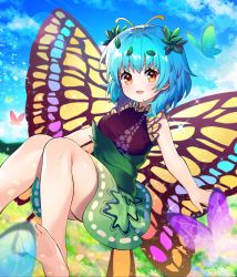 Rule 34 | 1girl, :d, absurdres, antennae, aqua hair, bare legs, bare shoulders, barefoot, blush, breasts, bug, butterfly, butterfly wings, cloud, cloudy sky, commentary, day, dress, eternity larva, floating, foot out of frame, glint, green dress, hair ornament, highres, insect, insect wings, leaf hair ornament, lens flare, light particles, looking at viewer, medium breasts, multicolored clothes, multicolored dress, open mouth, orange eyes, purple dress, short hair, sky, sleeveless, sleeveless dress, smile, soles, solo, touhou, wings, yuujin (yuzinn333)