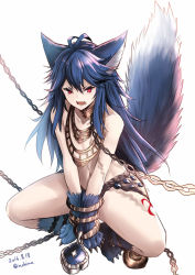 Rule 34 | &gt;:(, 10s, 1girl, 2016, animal ears, animal hands, antenna hair, bare shoulders, blue hair, bound, bound wrists, chain, choker, claws, dated, fangs, fenrir (shingeki no bahamut), flat chest, frown, granblue fantasy, hair between eyes, jewelry, long hair, nabeshima tetsuhiro, navel, necklace, open mouth, pink eyes, shingeki no bahamut, simple background, solo, squatting, tail, tattoo, teeth, tied up, tsurime, twitter username, v-shaped eyebrows, white background, wolf ears, wolf paws, wolf tail