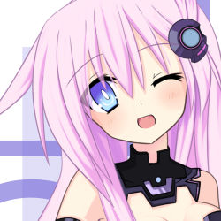 Rule 34 | 10s, 1girl, blue eyes, blush, close-up, hair ornament, long hair, meimu (infinity), nepgear, neptune (series), one eye closed, pink hair, purple sister, smile, solo, symbol-shaped pupils