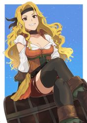 Rule 34 | 1girl, absurdres, alternate costume, ao (aocooler), black thighhighs, blonde hair, boots, breasts, brigid (fire emblem), brown eyes, choker, cleavage, commission, crossed legs, dress, fire emblem, fire emblem: genealogy of the holy war, fire emblem heroes, headband, highres, long hair, looking at viewer, nintendo, pirate, shorts, shorts under skirt, simple background, sitting, smile, solo, solo focus, thighhighs, torn clothes, torn thighhighs, treasure chest, wavy hair