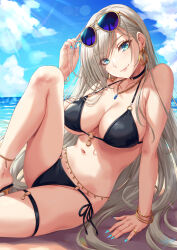 Rule 34 | 1girl, aqua eyes, bare arms, bare shoulders, bikini, black bikini, blue nails, blue sky, bracelet, breasts, cleavage, closed mouth, commentary request, day, earrings, eyewear on head, grey hair, high heels, highres, jewelry, large breasts, long hair, looking at viewer, nail polish, navel, ocean, original, outdoors, ring, sakiyamama, side-tie bikini bottom, sitting, sky, smile, solo, stomach, sunglasses, swimsuit, thigh strap, thighs, underboob, water