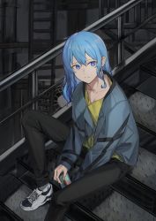 Rule 34 | 1girl, alternate costume, alternate hairstyle, black pants, blue eyes, blue hair, blue jacket, can, casual, closed mouth, collarbone, commentary, cross-laced footwear, drink, flat chest, foot out of frame, full body, hair between eyes, hair down, highres, holding, holding can, hololive, hoshimachi suisei, jacket, light blue hair, light smile, looking at viewer, medium hair, pants, pyytato, shirt, shoes, sitting, sneakers, solo, stairs, symbol-only commentary, virtual youtuber, white footwear, yellow shirt