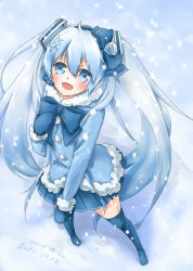 Rule 34 | 10s, 1girl, 2013, azumi, bad id, bad pixiv id, blue eyes, blue hair, blue mittens, blush, bow, character name, dated, fang, foreshortening, hand on own chest, hatsune miku, long hair, matching hair/eyes, mittens, open mouth, skirt, snow, snowing, solo, thighhighs, twintails, very long hair, vocaloid, yuki miku