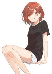 Rule 34 | 1girl, arm support, black shirt, brown eyes, brown hair, closed mouth, hair over one eye, highres, higuchi madoka, idolmaster, idolmaster shiny colors, knees together feet apart, light smile, looking at viewer, mitora nao, mole, mole under eye, shirt, short sleeves, shorts, simple background, sitting, smile, swept bangs, t-shirt, white background, white shorts