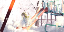 Rule 34 | 1girl, :d, absurdres, animal, blurry, blurry foreground, brown hair, cat, cherry blossoms, closed eyes, day, dress, falling petals, happy, highres, long hair, long sleeves, maeda mic, open mouth, original, outdoors, park, petals, playground, railing, signature, sitting, slide, smile, solo, spring (season), tree, white cat, white dress