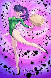 1girl athletic_leotard black_footwear black_hair breasts green_leotard hair_ribbon hammer highres holding holding_hammer holding_mallet kunou_kodachi leotard long_hair looking_at_viewer mallet medium_breasts petals ponytail purple_background purple_eyes ranma_1/2 red_ribbon ribbon shoes side_ponytail smile solo sparkle sparkle_background standing standing_on_one_leg yoshinaga_yuki