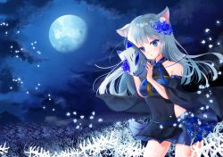 Rule 34 | 1girl, absurdres, animal ear fluff, animal ears, bare shoulders, black dress, blue eyes, blue flower, blue skirt, blue spider lily, breasts, cleavage, cloud, cloudy sky, commentary request, covered navel, dress, flower, fox mask, full moon, glowing, glowing petals, hair flower, hair ornament, highres, holding, holding mask, long hair, looking at viewer, mask, moon, night, night sky, original, outdoors, parted lips, petals, pleated skirt, see-through, see-through cleavage, silver hair, skirt, sky, sleeveless, sleeveless dress, small breasts, solo, spider lily, tsukimiya sara, white flower, white spider lily