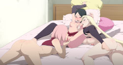 Rule 34 | 3girls, absurdres, arms up, ass, barefoot, bed, bedroom, black eyes, black hair, blonde hair, bottomless, breasts, breasts apart, cunnilingus, feet, female focus, fff threesome, fingering, grabbing, green eyes, groping, group sex, haruno sakura, highres, huge ass, incest, indoors, large breasts, legs up, lexus (artist), licking, long hair, lying, m legs, medium breasts, mother and daughter, multiple girls, naruto, naruto (series), nipples, nude, open mouth, oral, pillow, pink hair, pussy, short hair, threesome, uchiha sarada, uncensored, yamanaka ino, yuri