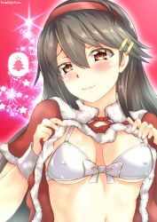 Rule 34 | 1girl, :3, bikini, bikini top only, black hair, breasts, brown eyes, cape, christmas tree, commentary request, covered erect nipples, fur-trimmed cape, fur trim, hair ornament, hairband, hairclip, haruna (kancolle), highres, kantai collection, kumichou (nakasato-gumi), long hair, medium breasts, one-hour drawing challenge, red background, red cape, red hairband, solo, swimsuit, white bikini, wrist cuffs